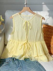 Comfortcana Women's Front Tie Light Yellow Ruffle Hem Sleeveless Blouse, Summer Yellow Babydoll Top - Yellow - View 5