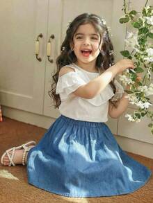 SHEIN Blusa blanca de hombros descubiertos de estilo minimalista japonés, elegante, de algodón y lino para niñas - Blanco - Ver 3