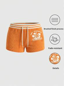 Rina Fox Women's Orange Off-Shoulder Letter Print Drawstring Waist Shorts - Orange - View 2