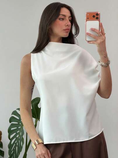 Aloruh Women's Elegant Pleated Asymmetric Shoulder Solid Color Blouse, Summer