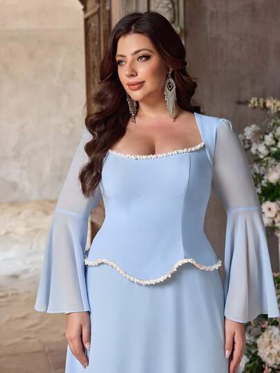Aureia Plus Size Elegant Romantic Blue U-Neck Flare Sleeve Baskia Waist A-Line Dress, Suitable For Wedding, Date, Vacation, Bridesmaid Plus Size Bridesmaid Dress Plus Size Baby Blue Dress