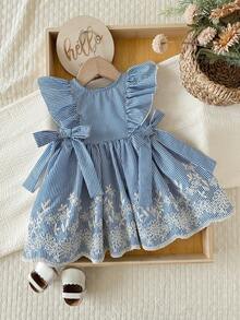 SHEIN LMoss Kids Babygirl Cute Casual Summer Striped Embroidered Peter Pan Collar Dress - Blue - View 10