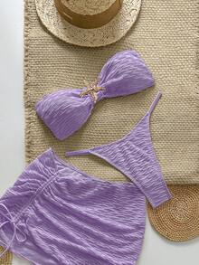 Swim Chiccia Conjunto de bikini sexy de 3 piezas con textura y diseño de estrella de mar sin tirantes - Púrpura malva - Ver 1