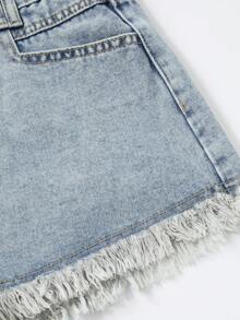 SHEIN Essnce Quần short denim nữ kiểu dáng thường ngày, có túi và gấu quần rách, đa năng cho trang phục hàng ngày. - Rửa nhẹ - Xem 4