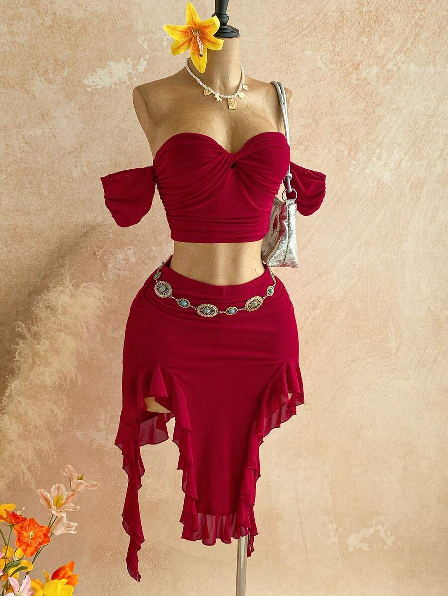 Soleia Conjunto de 2 piezas para mujer con hombros descubiertos y volantes, bajo asimétrico, adecuado para vacaciones, citas, té de la tarde, vacaciones, festivales de música, estilo bohemio - Rojo - Ver 1