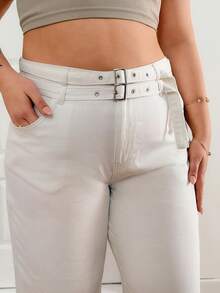 EURMUSE Plus High Waist Belted Straight Jean White Dress Pants Cream Pants White Wide Leg Pants Womens White Pants - White - View 2