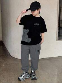 SHEIN Mirajuku 2pcs Boys' Print Black Short Sleeve T-Shirt And Beige Cargo Pants Casual Suit, Spring/Summer - Grey - View 1