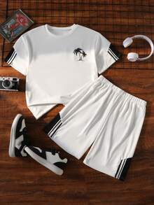 2pcs/Set Teen Boys' Fashionable White T-Shirt And Shorts,Soft Comfortable Summer Streetwear Holiday Outfit For Sports,School,Outings And Photography - White - View 8