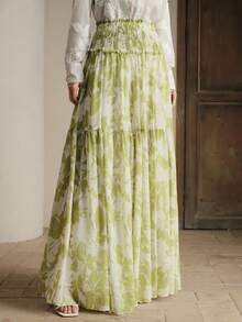 Anewsta Romantic Elegant French Chiffon Floral Skirt, Fashionable Design Pleated Midi Skirt, Spring/Summer New Arrival - Lime Green - View 4