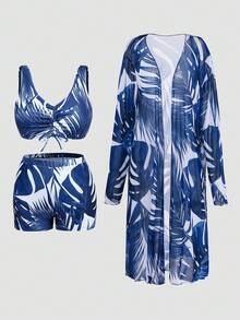 Swim Lushoire 大码女式夏季沙滩纯色时尚比基尼泳装套装，含罩衫和浴袍 - 彩色 - 查看 2