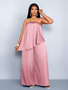 SOLERSUN Plus Size Women's Elegant Dusty Pink Summer 2 Piece Sets Curve Strapless Asymmetrical Ruffled Top & Wide-Leg Satin Suit For Cocktail Party Vacations - Dusty Pink - View 5