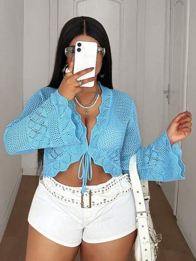 Maweii Women's Casual Minimalist Daily Commute Street Vintage Elegant Sexy Vacation Beach Picnic V-Neck Front Tie Bow Ruffle Long Sleeve Fitted Short Cardigan, Blue, Plus Size