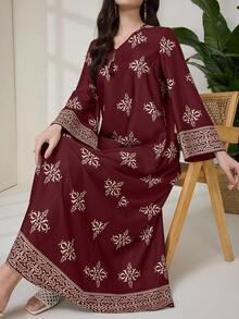 Al Najma 女士花卉图案流苏装饰V领长袖阿拉伯风格连衣裙 - 酒紅色 - 查看 6