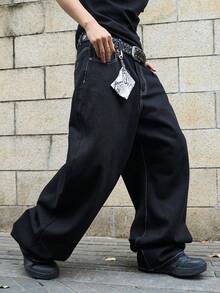 Manfinity EMRG Men's Casual Fashion Street Daily Commute Funny Print Contrast Stitch Loose Bootcut Jeans - Black - View 6