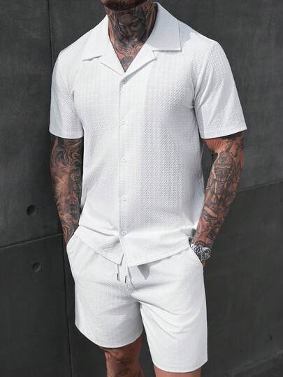 SLATEMANN 男士衬衫套装，针织菱格纹提花图案，时尚日常穿着