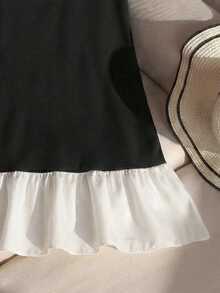 Vestido de estilo francés con cuello redondo, sin mangas, corte evasé y volantes en el bajo para niña preadolescente, con decoración floral 3D, adecuado para reuniones familiares y uso diario - Blanco y Negro - Ver 6