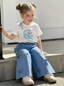 SHEIN 女童宽松直筒牛仔裤，牛仔蓝配蝴蝶结装饰，休闲时尚，适合春、夏、秋季穿着。 - 藍色 - 查看 5