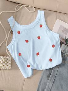 Resyla 草莓刺绣修身圆领女式背心 - 淺藍色 - 查看 3