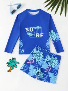 SHEIN 男童泳装，蓝色棕榈叶印花长袖吊带背心套装，时尚休闲优雅，适合游泳、夏季度假、海滩、泳池、节日派对 - 藍色 - 查看 3