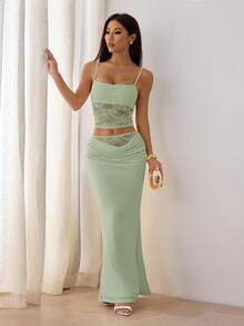 SHEIN PETITE Ladies Summer Lace Stitching See-Through Two Pieces Suit Backless Top + Long Skirt Sexy And Elegant Festival Wear Valentine's Day Dating Wear Music Festival Banquet Light Dress Suitable For Autumn And Winter Inner Wear - Green - View 5
