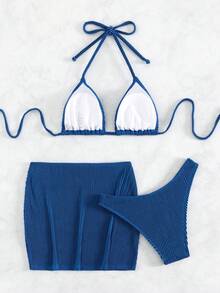 Costavie Bộ đồ bơi bikini gợi cảm buộc dây màu trơn đi biển mùa hè dành cho nữ kèm váy che, bộ 3 món - Xanh đậm - Xem 2