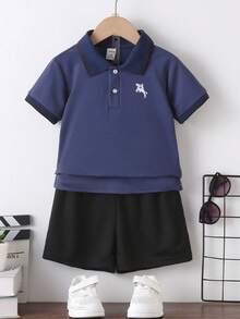 SHEIN Young Boy Summer Casual Sports Daily Commute Embroidered Short Sleeve Polo Shirt - Navy Blue - View 3