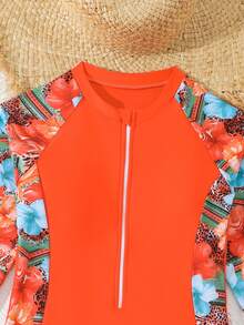 SHEIN 1 buah Baju Renang Terusan Lengan Panjang Bermotif untuk Anak Perempuan, Baju Renang Pelindung Ruam Warna Oranye untuk Remaja Musim Panas, Pantai, Liburan, Baju Renang Sopan dengan Cakupan Penuh Motif Bunga - MultiWarna - View 4