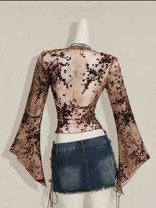 SHEIN ICON Asymmetrical Hem Flare Sleeve Retro Flocked Mesh Sheer Cardigan For Women - Brown - View 2