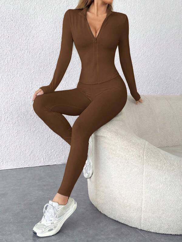 SHEIN PETITE Black Two Pieces Set Sportswear Zip Up Jacket & Leggings Brown Two Piece Set Women