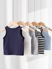 SHEIN Playful Pals 5件套休闲白色针织无袖背心，适合作为内搭，可用于户外活动、休闲穿着、旅行，适合6个月至3岁男婴。 - 彩色 - 查看 2