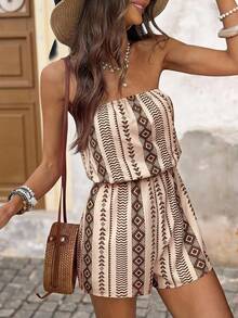 Brillora 女士宽松印花吊带连体裤，适合春夏度假穿着 - 卡其色 - 查看 1