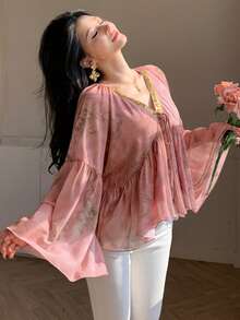 DAZY 女士优雅花卉亮片拼接褶裥系带衬衫，春夏款 - 粉色 - 查看 4