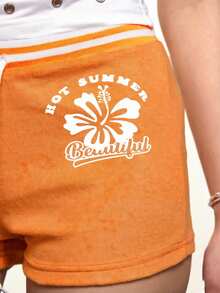 Rina Fox Women's Orange Off-Shoulder Letter Print Drawstring Waist Shorts - Orange - View 6