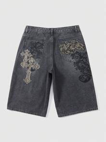 ROMWE MEN Street Life 男士休闲时尚街头日常通勤十字绣花卉刺绣水洗牛仔裤，夏季 - 灰色 - 查看 1