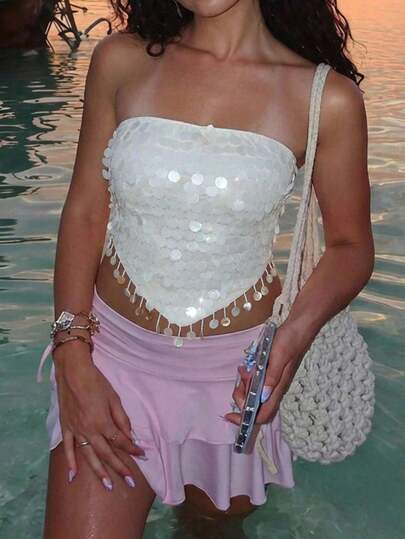 Aloruh Women's Sexy Sequin Decor Lace-Up Backless Tube Top, Summer