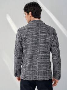 RONVEXI Men's Houndstooth Mandarin Collar Double-Breasted Business Suit Jacket - Black and White - View 2