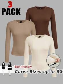 SHEIN CURVE+ 大码女式三件套圆领休闲修身长袖T恤套装，适合秋冬季穿着 - 彩色 - 查看 1