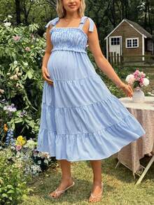 SHEIN Vestido largo de maternidad con cordones para atar - Azul - Ver 2