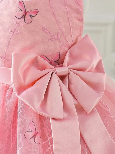 SHEIN Glamorique Kids Baby Girl Bowknot Embroidered Mesh Dress, Pink, Suitable For Birthday Party, Wedding, Holiday, Prom
