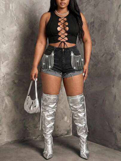 Slaydiva Summer Fashion Rhinestone Tassel Decorated Denim Shorts Party Luxury Diamond Sparkling Pearl