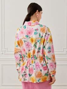 LOTSLUV Women's Loose Fit Long Sleeve Floral Print Jacket With Pockets, Drawstring Waist And Button Front Closure,Women's Denim Jacket,Women's Coat,Elegant Coats Women,Vacation Coat - White - View 2