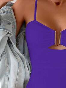Swim Basics Traje de baño de una pieza con tirantes finos y drapeado de unicolor de moda para mujer - Morado - Ver 6