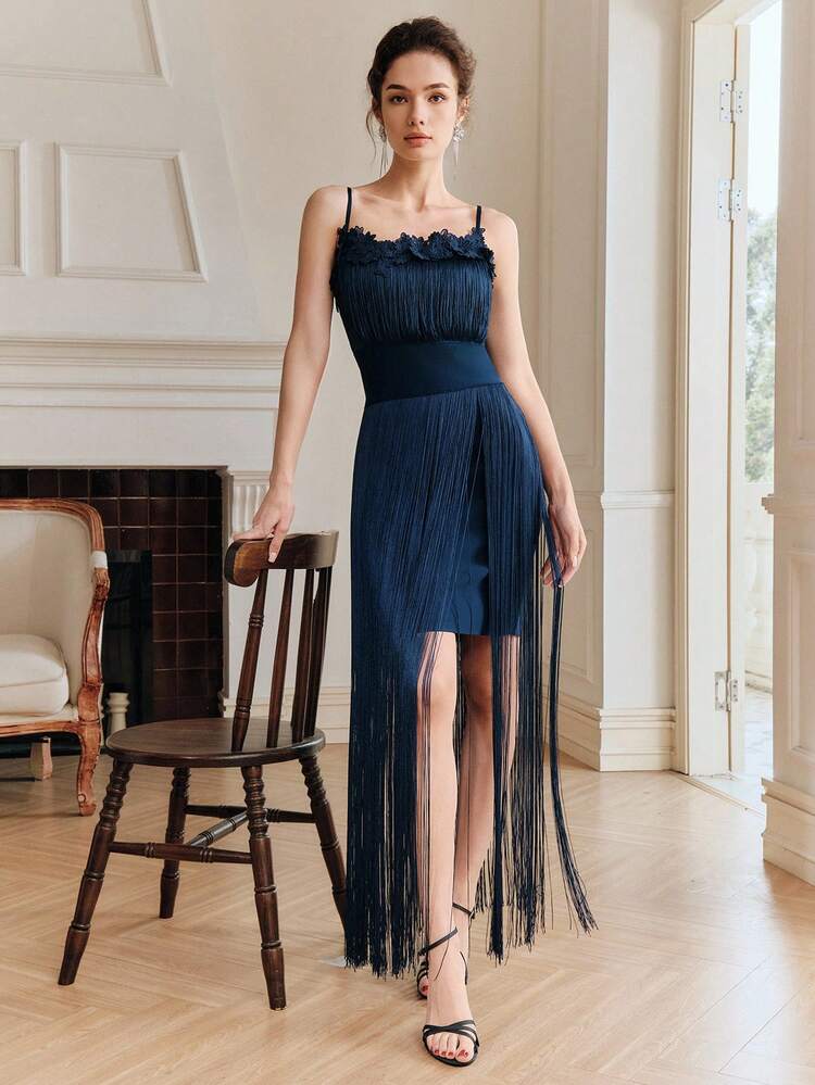Women's New Spring/Summer Navy Blue Lace Floral Tassel Spaghetti Strap Elegant Party Dress, Suitable For Vacation, Ball, And Events Navy Blue Elegant Dress Dark Blue Dress Fringe Dress