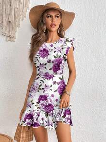 SHEIN Clasi Váy mini tay lỡ in hoa tím cho nữ - Màu tím hoa cà - Xem 1
