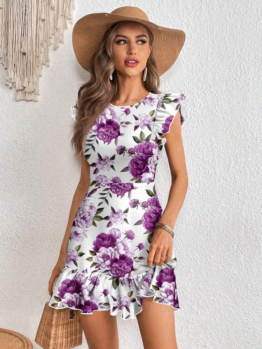 SHEIN Clasi Váy mini tay lỡ in hoa tím cho nữ - Màu tím hoa cà - Xem 1