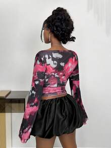 Xyvia Fashionable Women's Off Shoulder Tie Dye Mesh Flare Sleeve Fitted Blouse, Suitable For Daily Wear, Weddings, Galas, Commuting, Graduation Parties, Holidays, Dates, Parties, Halloween, Christmas, New Year, Thanksgiving, Weddings - Pink - View 2