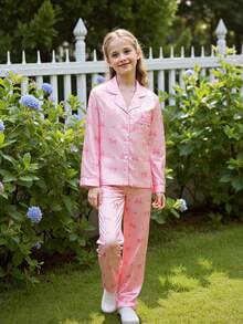 2件套女童可爱蝴蝶结印花翻领开衫和休闲裤舒适睡衣套装 - 粉色 - 查看 1