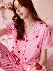 2pcs Valentine's Day Women Striped Heart Print Pajama Set, Short Sleeve Button Collar Top And Pants, Casual Loungewear - Pink - View 11