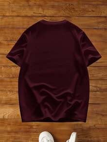 Manfinity VCAY Men's Burgundy Short Sleeve T-Shirt, Summer Heavy Weight Plain Tee For Work, Casual Daily Commute Solid Color Round Neck Jersey Drop Shoulder T Shirt - Burgundy - View 2