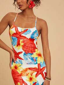 Travachic Women's Vacation Casual Starfish Shell Floral Print Side Slit Backless Dress - Multicolor - View 1
